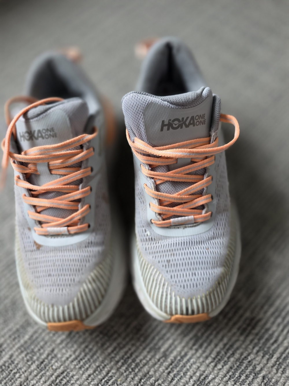 Hoka One One Light Gray Running Shoes with Peach Laces